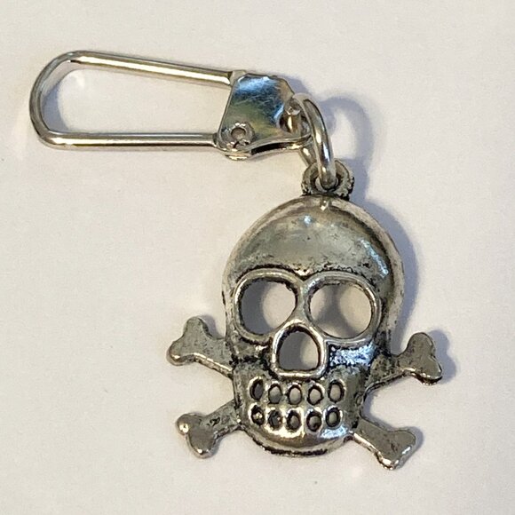 Skull Crossbones Zipper Pull Bag Purse Charm Silver Tone Grunge Punk Goth Pirate - Picture 3 of 5